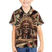 Native American Skull Family Matching Off Shoulder Long Sleeve Dress and Hawaiian Shirt with Tribal Prints - Wonder Print Shop