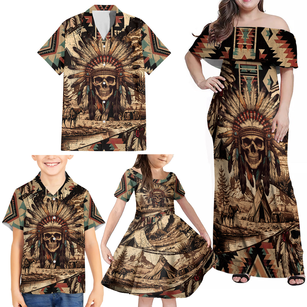Native American Skull Family Matching Off Shoulder Maxi Dress and Hawaiian Shirt with Tribal Prints - Wonder Print Shop