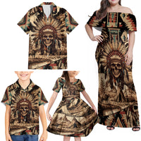 Native American Skull Family Matching Off Shoulder Maxi Dress and Hawaiian Shirt with Tribal Prints - Wonder Print Shop