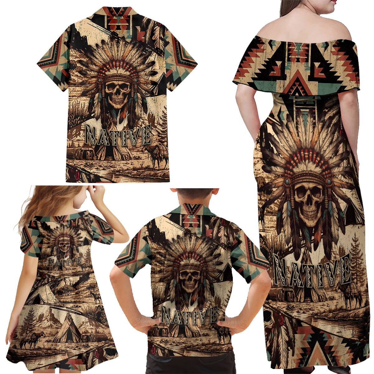 Native American Skull Family Matching Off Shoulder Maxi Dress and Hawaiian Shirt with Tribal Prints - Wonder Print Shop