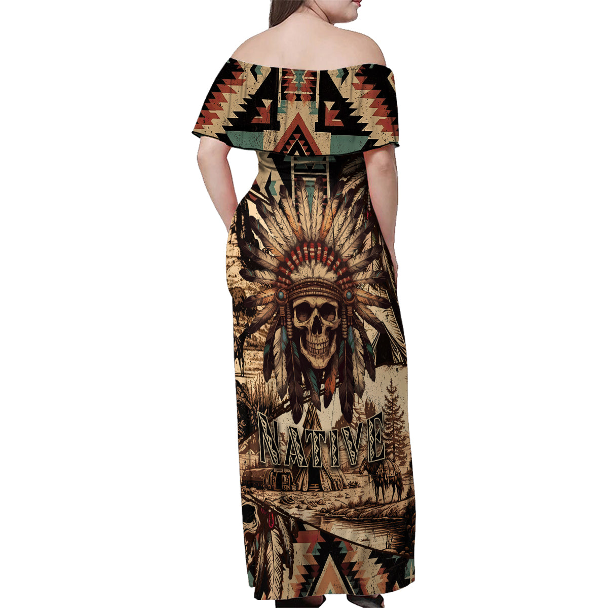 Native American Skull Family Matching Off Shoulder Maxi Dress and Hawaiian Shirt with Tribal Prints - Wonder Print Shop
