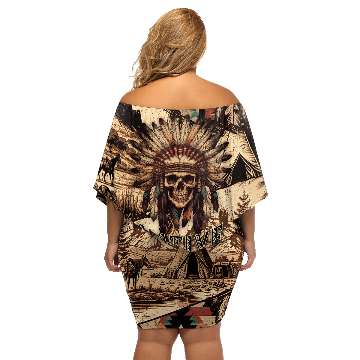 Native American Skull Family Matching Off Shoulder Short Dress and Hawaiian Shirt with Tribal Prints - Wonder Print Shop