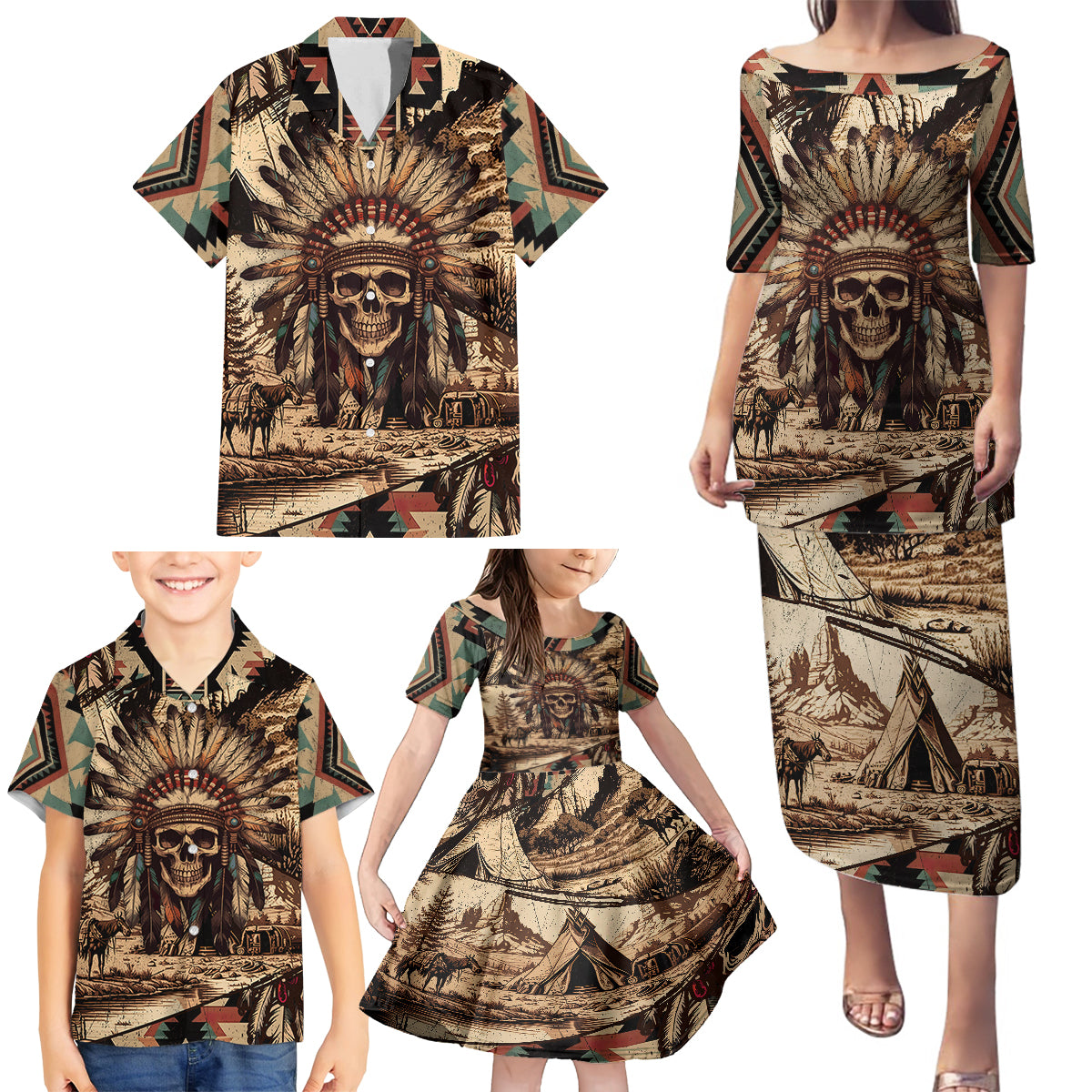 Native American Skull Family Matching Puletasi Dress and Hawaiian Shirt with Tribal Prints - Wonder Print Shop
