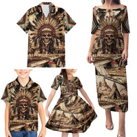 Native American Skull Family Matching Puletasi Dress and Hawaiian Shirt with Tribal Prints - Wonder Print Shop