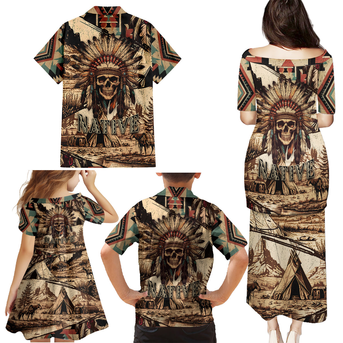 Native American Skull Family Matching Puletasi Dress and Hawaiian Shirt with Tribal Prints - Wonder Print Shop