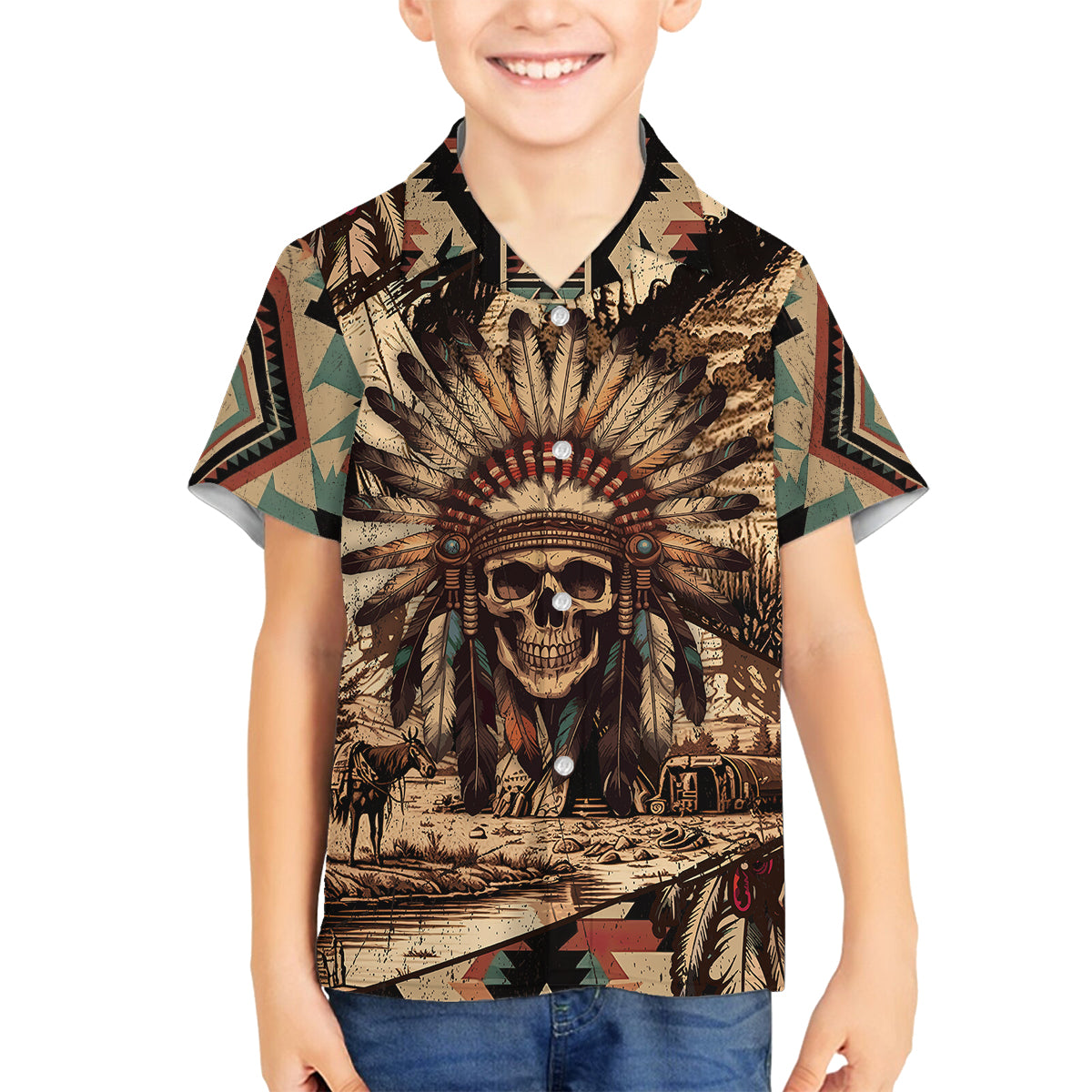 Native American Skull Family Matching Puletasi Dress and Hawaiian Shirt with Tribal Prints - Wonder Print Shop