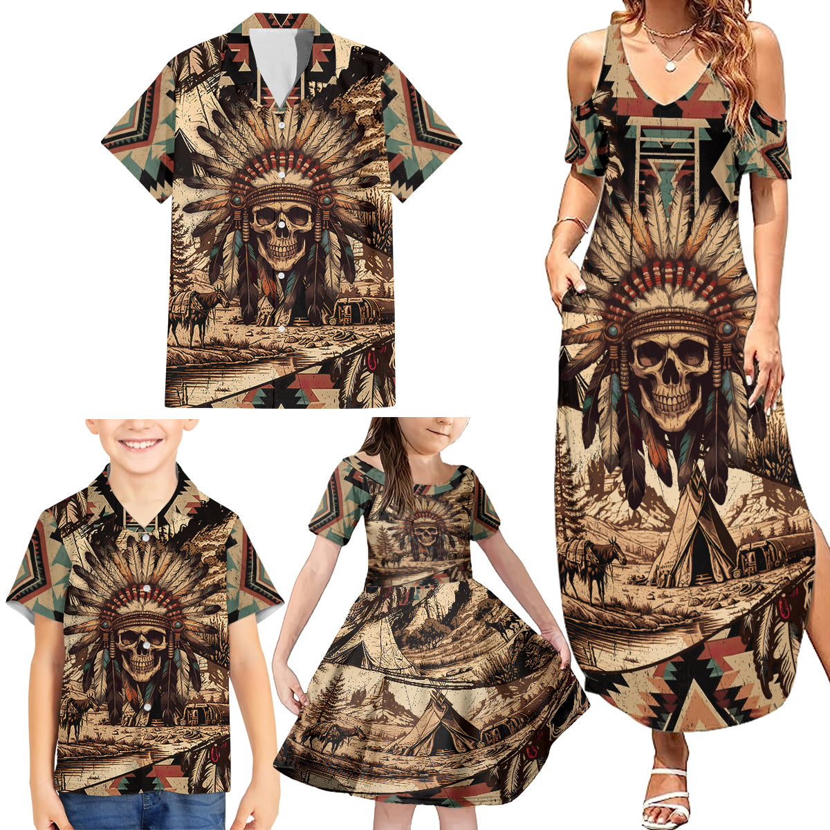Native American Skull Family Matching Summer Maxi Dress and Hawaiian Shirt with Tribal Prints - Wonder Print Shop