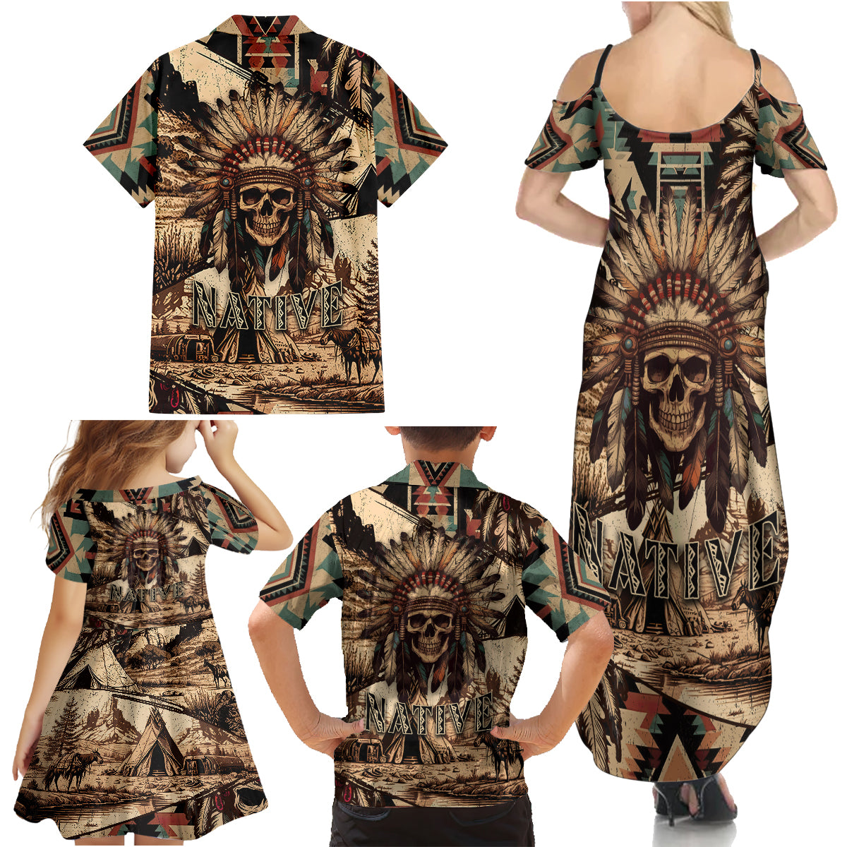 Native American Skull Family Matching Summer Maxi Dress and Hawaiian Shirt with Tribal Prints - Wonder Print Shop