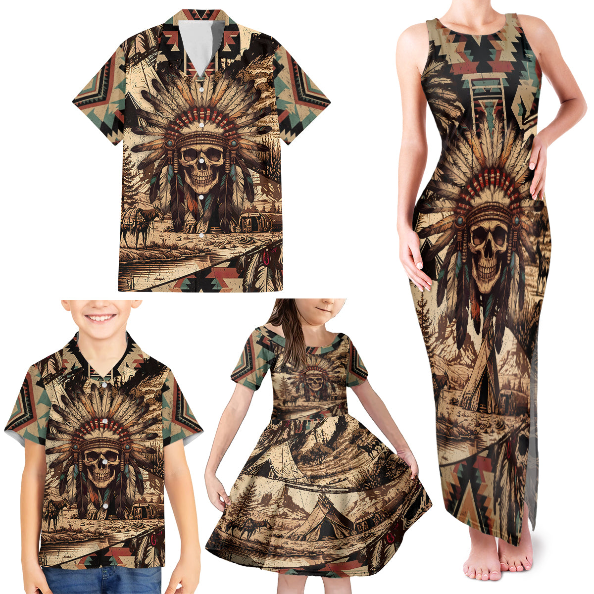 Native American Skull Family Matching Tank Maxi Dress and Hawaiian Shirt with Tribal Prints - Wonder Print Shop