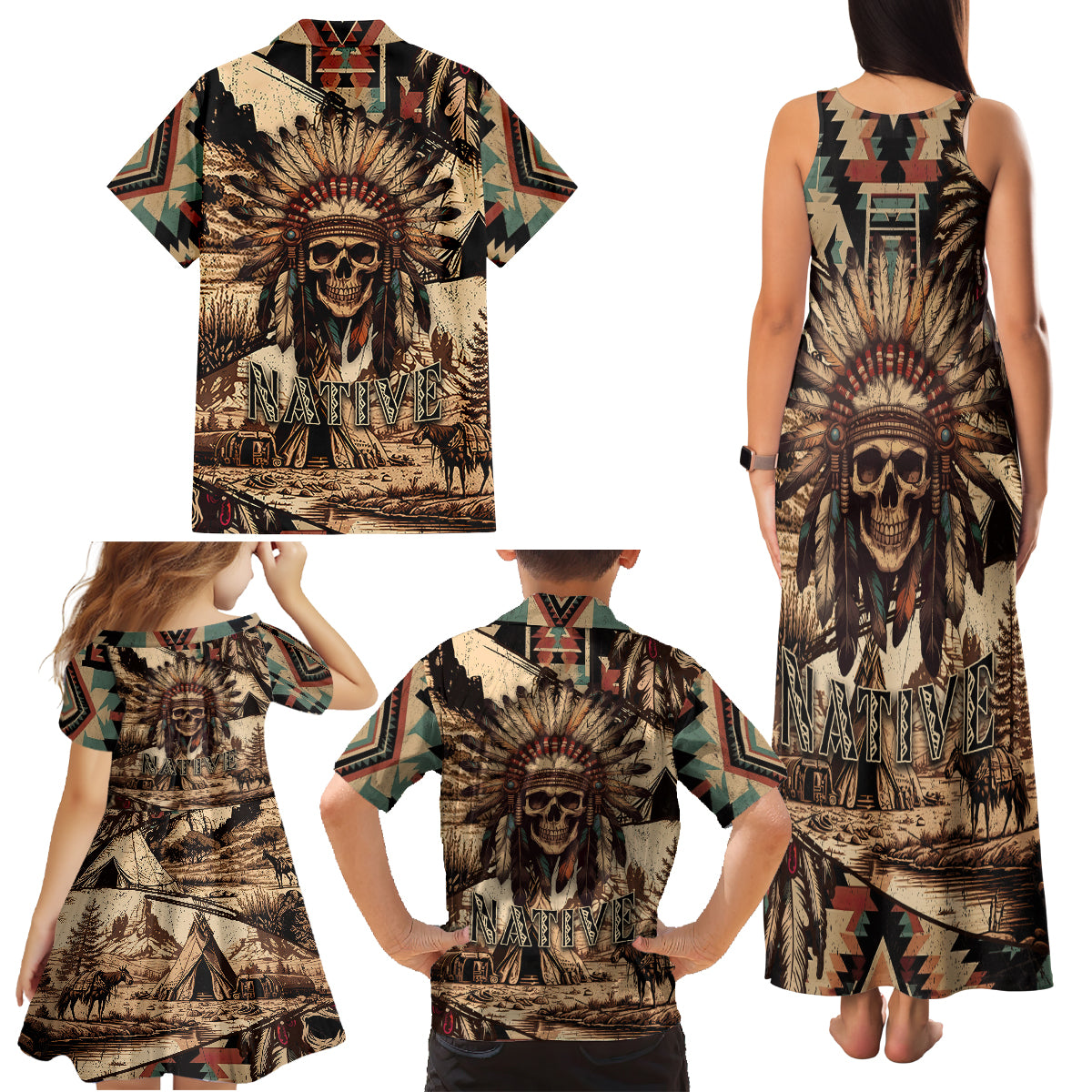 Native American Skull Family Matching Tank Maxi Dress and Hawaiian Shirt with Tribal Prints - Wonder Print Shop