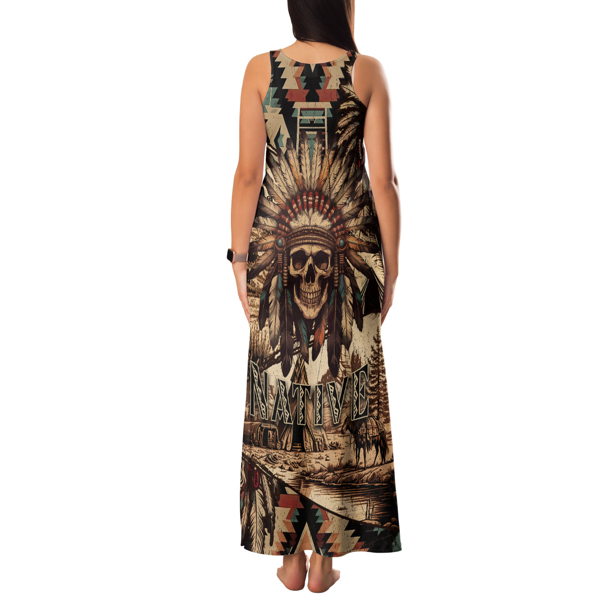 Native American Skull Family Matching Tank Maxi Dress and Hawaiian Shirt with Tribal Prints - Wonder Print Shop