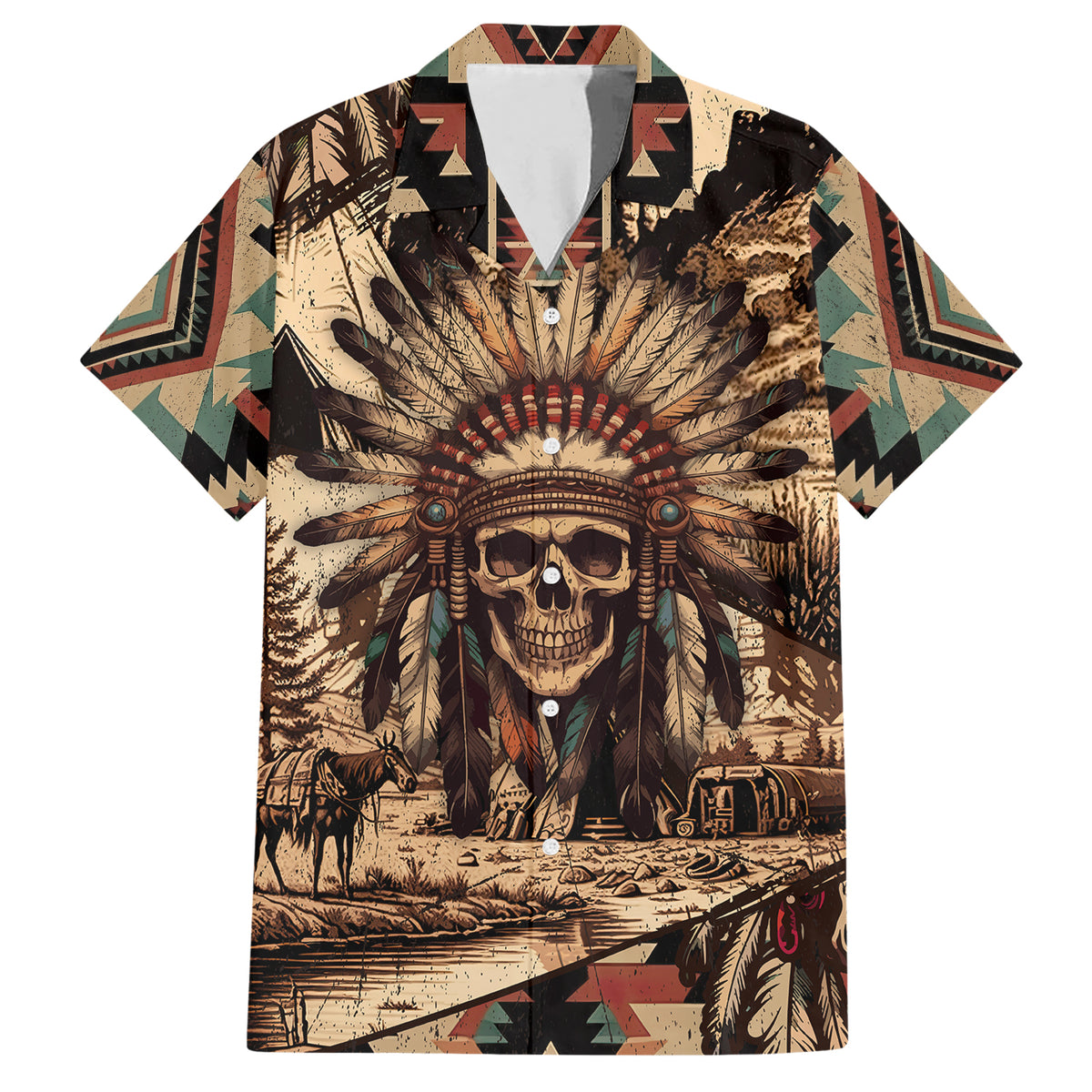 Native American Skull Hawaiian Shirt with Tribal Prints - Wonder Print Shop