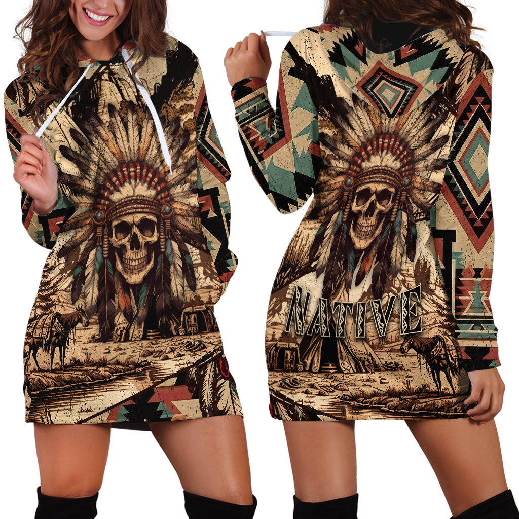 Native American Skull Hoodie Dress with Tribal Prints - Wonder Print Shop