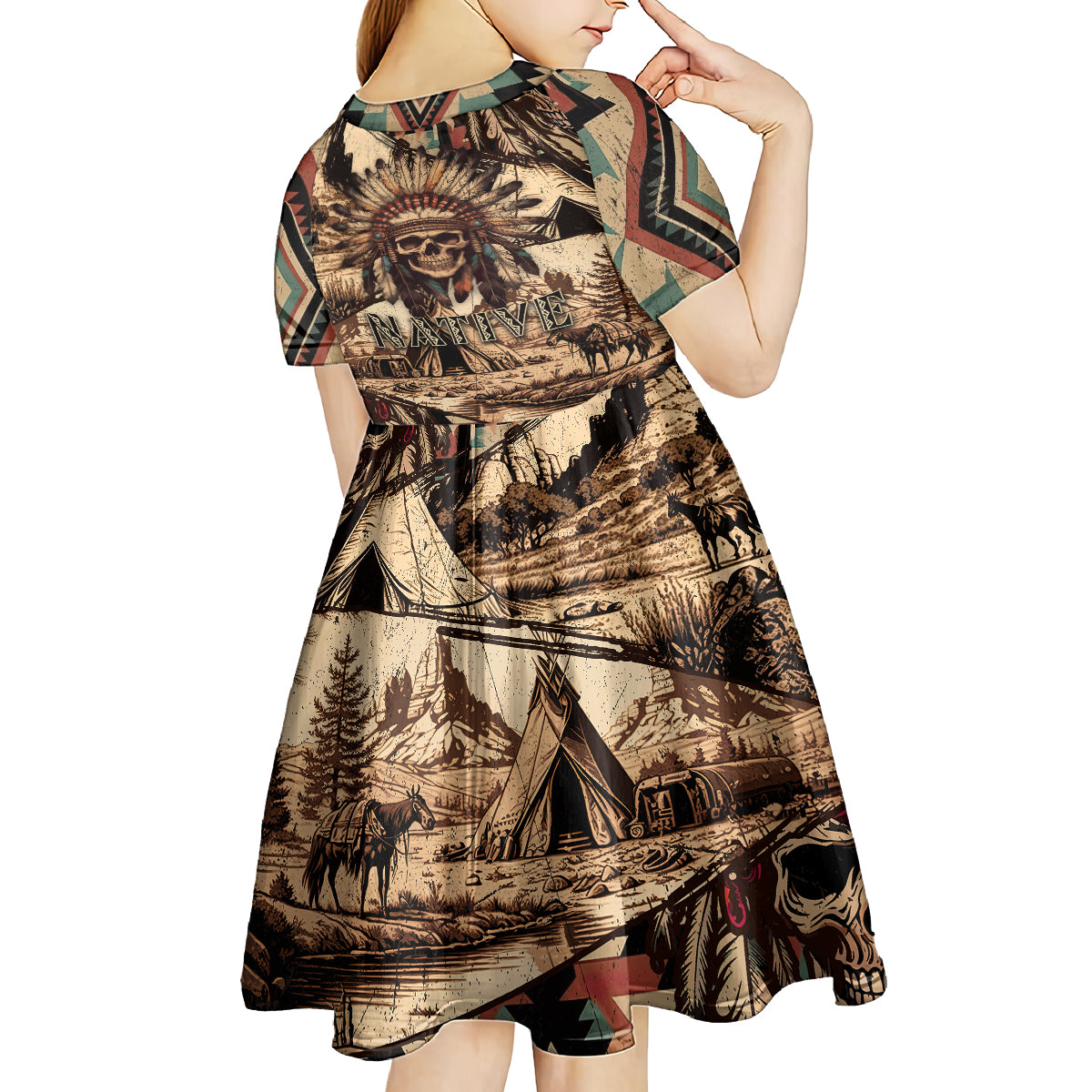 Native American Skull Kid Short Sleeve Dress with Tribal Prints - Wonder Print Shop