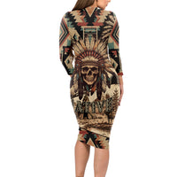 Native American Skull Long Sleeve Bodycon Dress with Tribal Prints - Wonder Print Shop