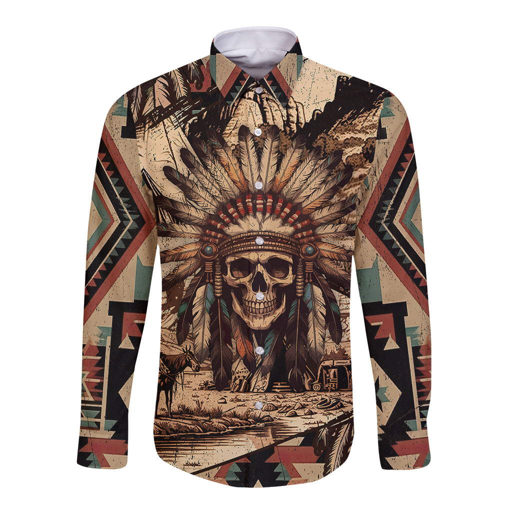 Native American Skull Long Sleeve Button Shirt with Tribal Prints - Wonder Print Shop