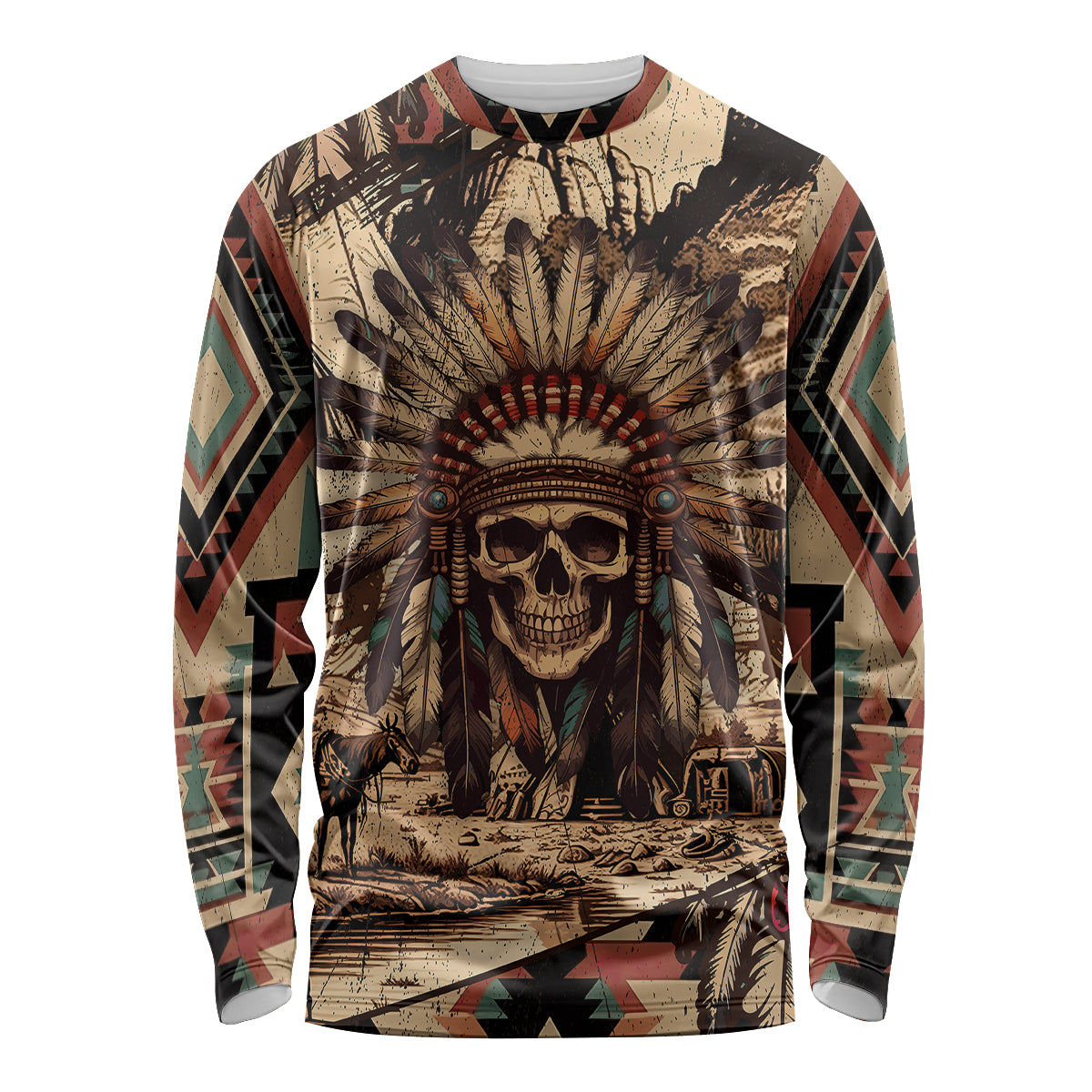 Native American Skull Long Sleeve Shirt with Tribal Prints - Wonder Print Shop