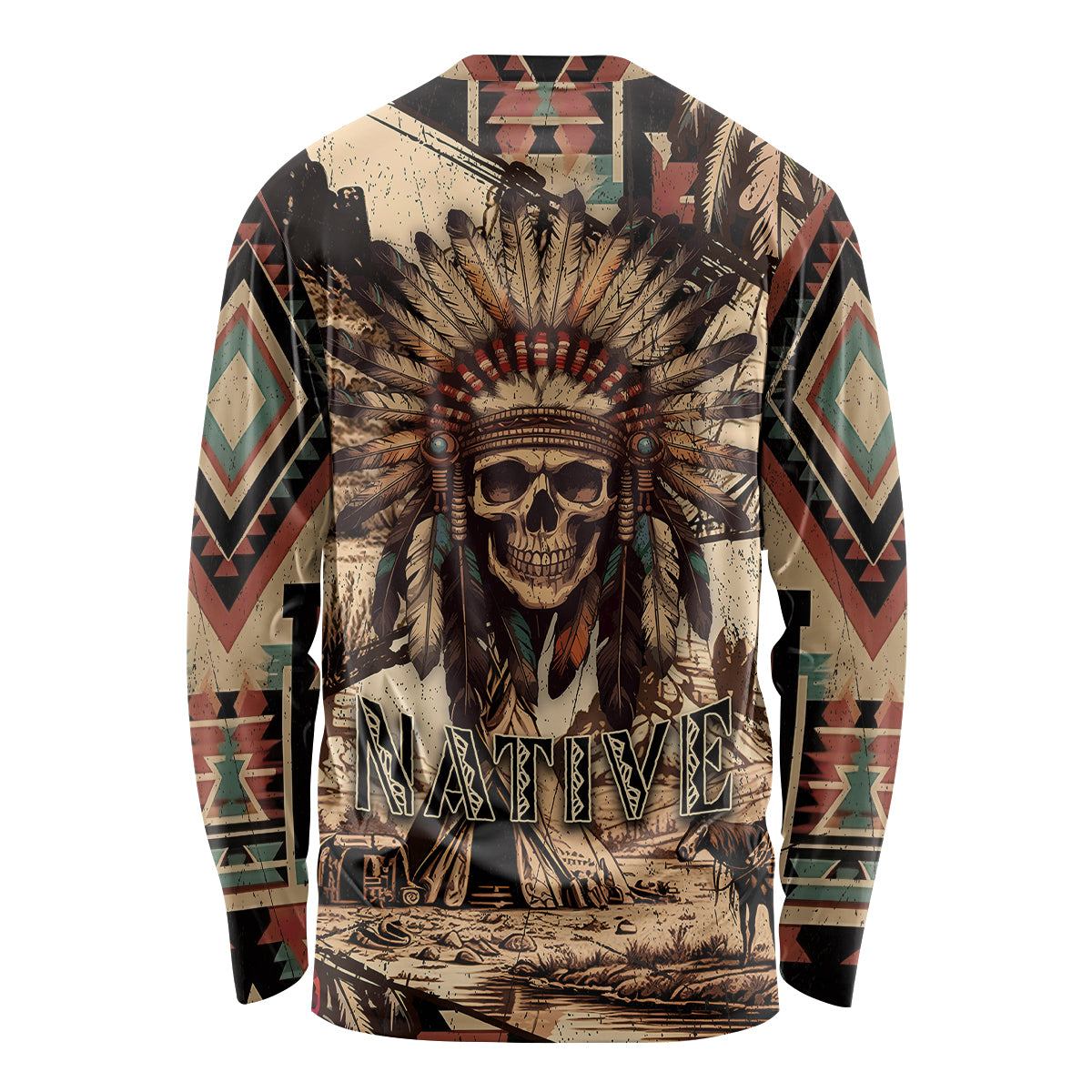 Native American Skull Long Sleeve Shirt with Tribal Prints - Wonder Print Shop