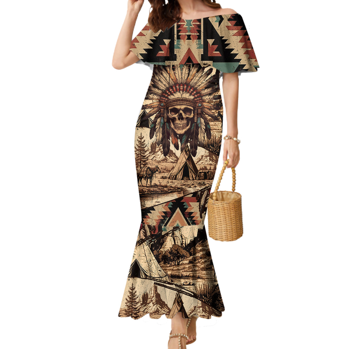 Native American Skull Mermaid Dress with Tribal Prints - Wonder Print Shop