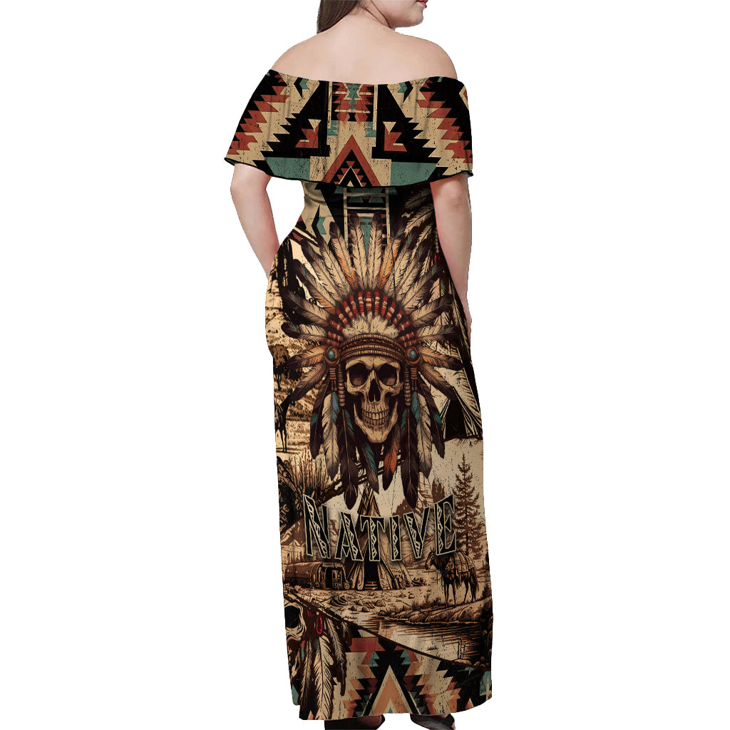 Native American Skull Off Shoulder Maxi Dress with Tribal Prints - Wonder Print Shop
