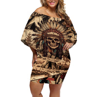 Native American Skull Off Shoulder Short Dress with Tribal Prints - Wonder Print Shop
