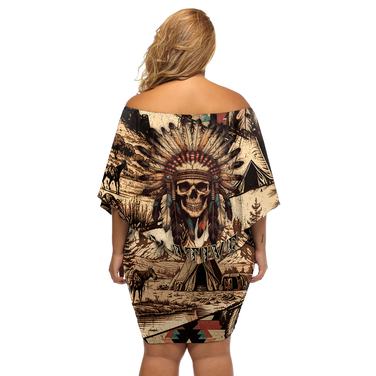 Native American Skull Off Shoulder Short Dress with Tribal Prints - Wonder Print Shop