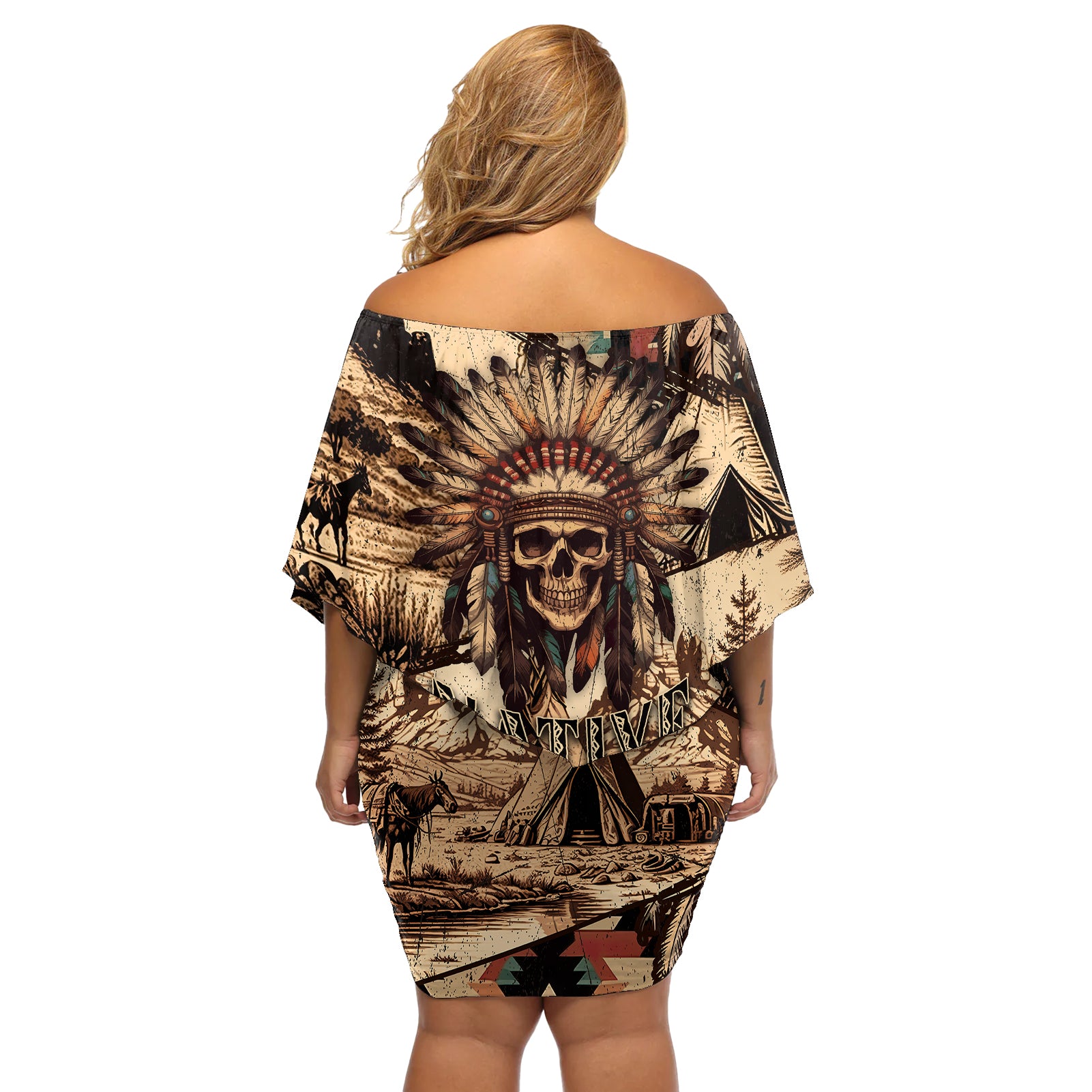 Native American Skull Off Shoulder Short Dress with Tribal Prints - Wonder Print Shop