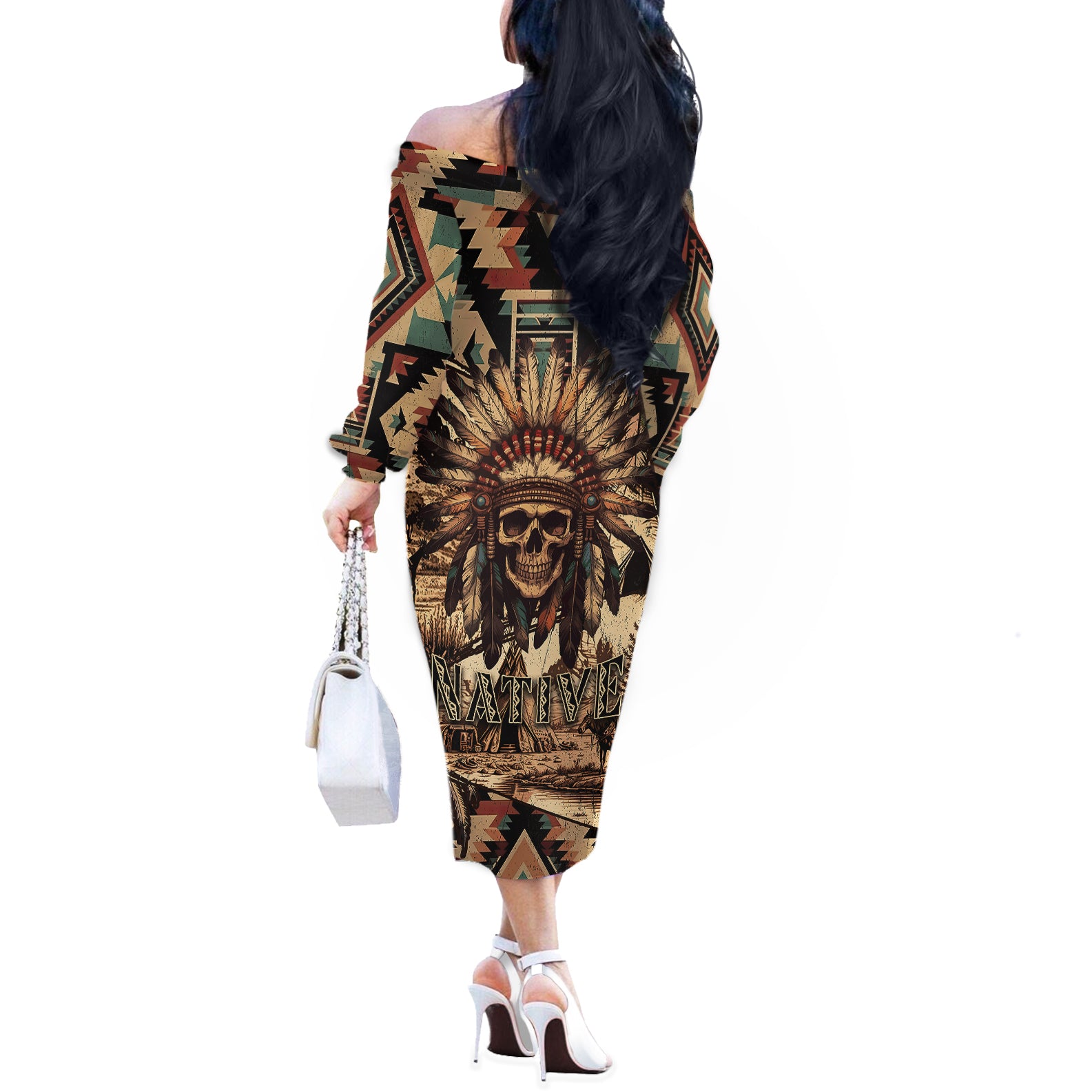 Native American Skull Off The Shoulder Long Sleeve Dress with Tribal Prints - Wonder Print Shop