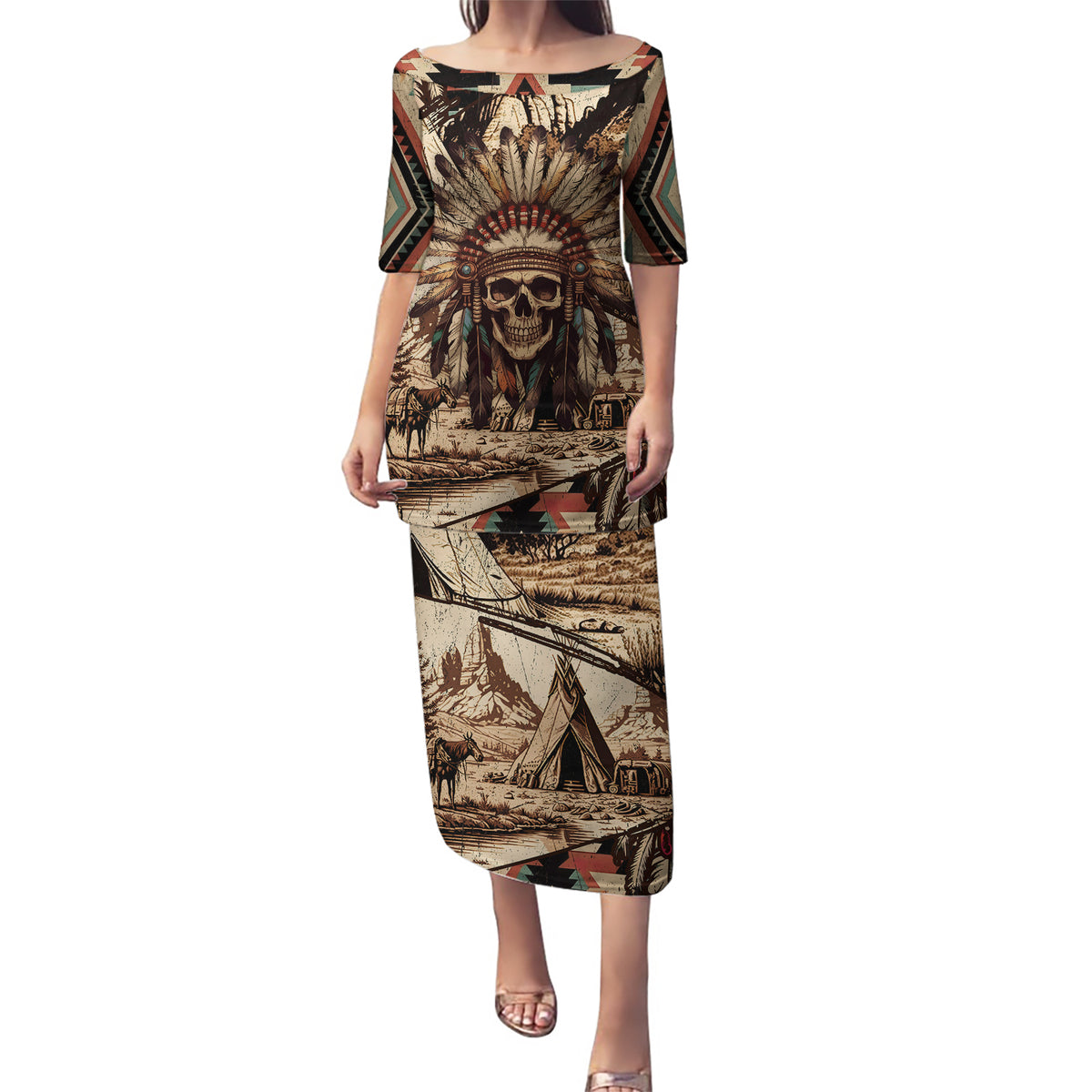 Native American Skull Puletasi with Tribal Prints - Wonder Print Shop