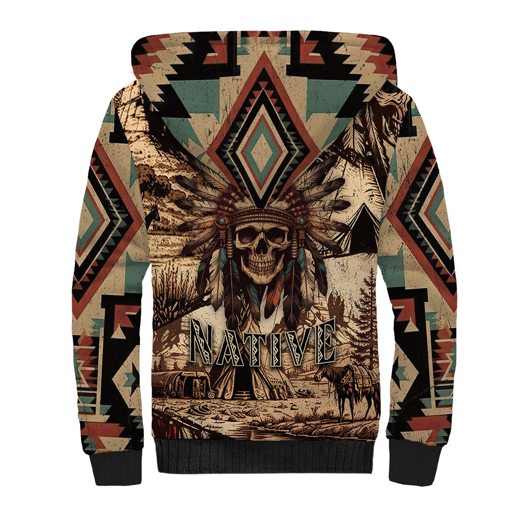 Native American Skull Sherpa Hoodie with Tribal Prints - Wonder Print Shop