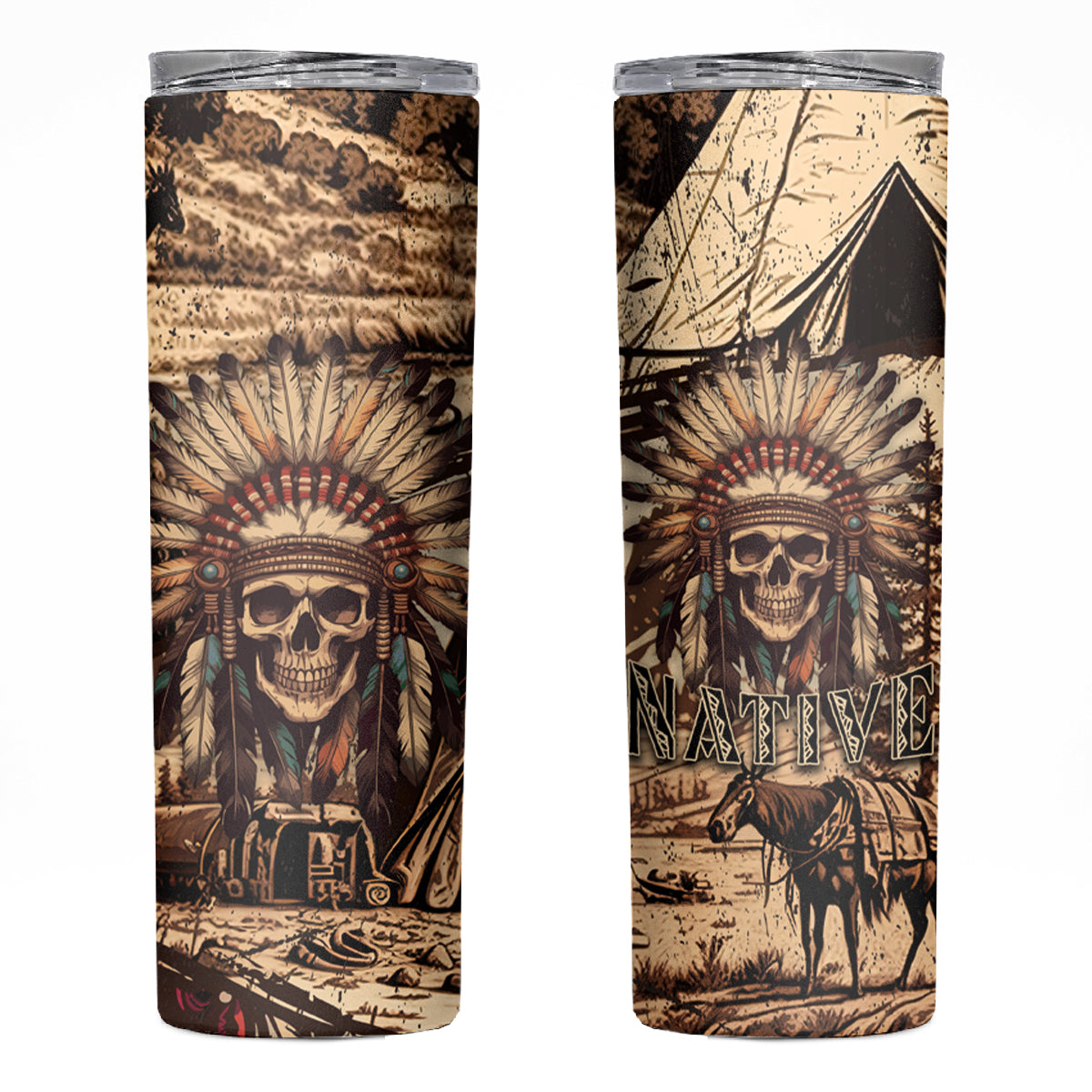 Native American Skull Skinny Tumbler with Tribal Prints - Wonder Print Shop