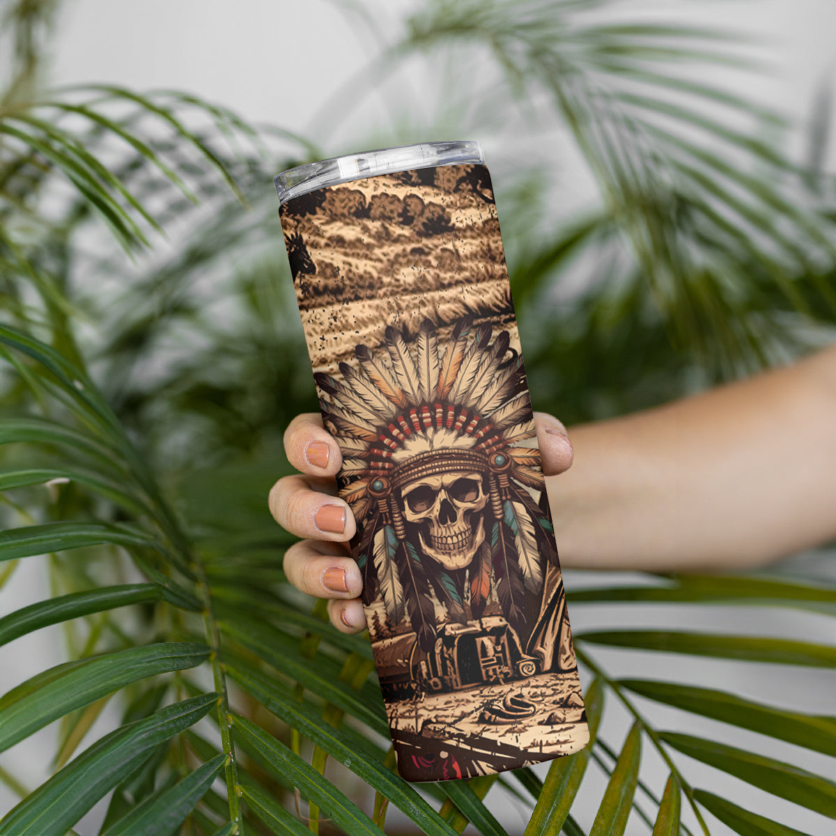 Native American Skull Skinny Tumbler with Tribal Prints - Wonder Print Shop