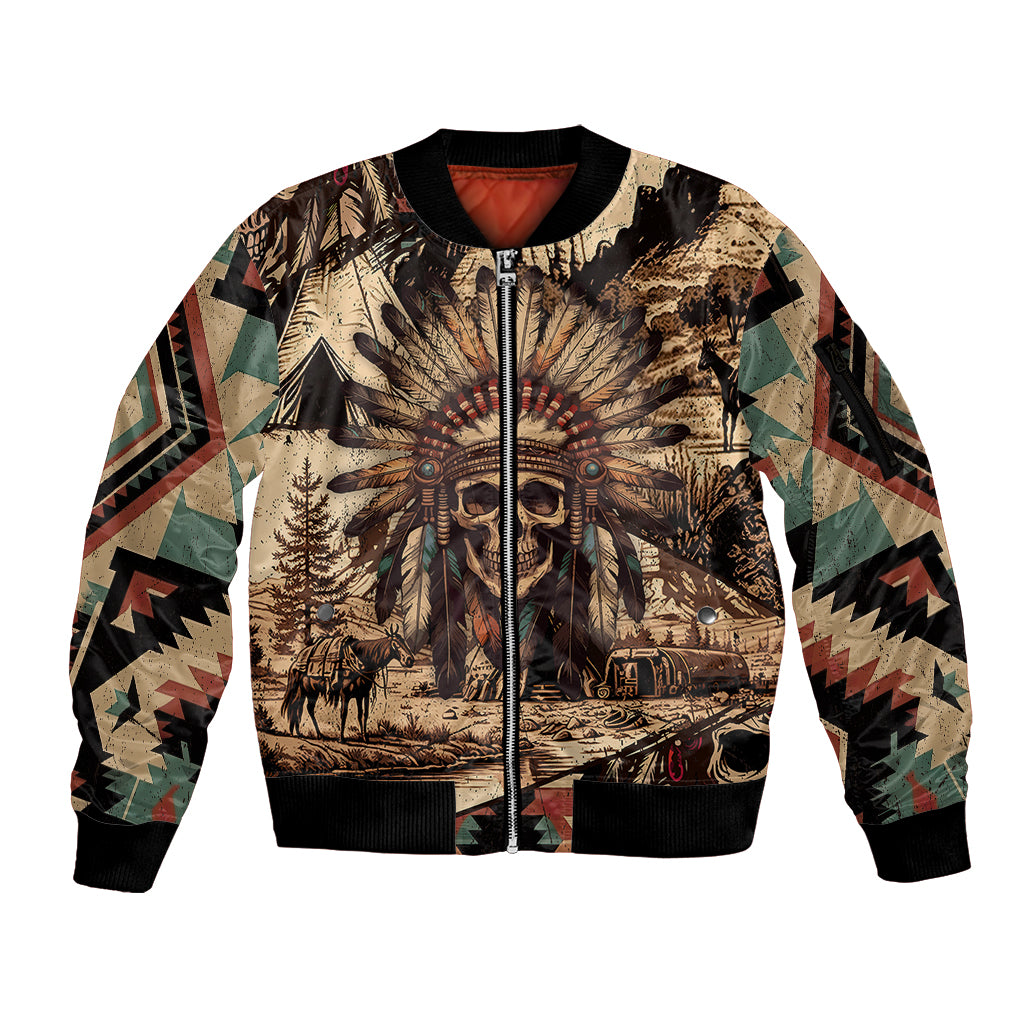 Native American Skull Sleeve Zip Bomber Jacket with Tribal Prints - Wonder Print Shop