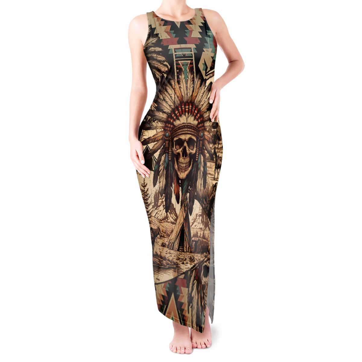 Native American Skull Tank Maxi Dress with Tribal Prints - Wonder Print Shop