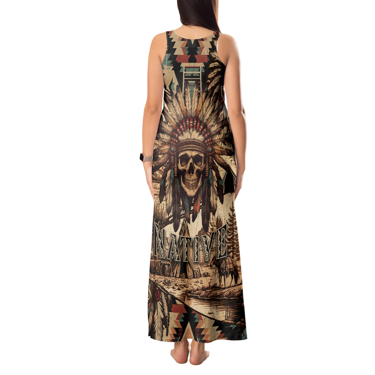 Native American Skull Tank Maxi Dress with Tribal Prints - Wonder Print Shop