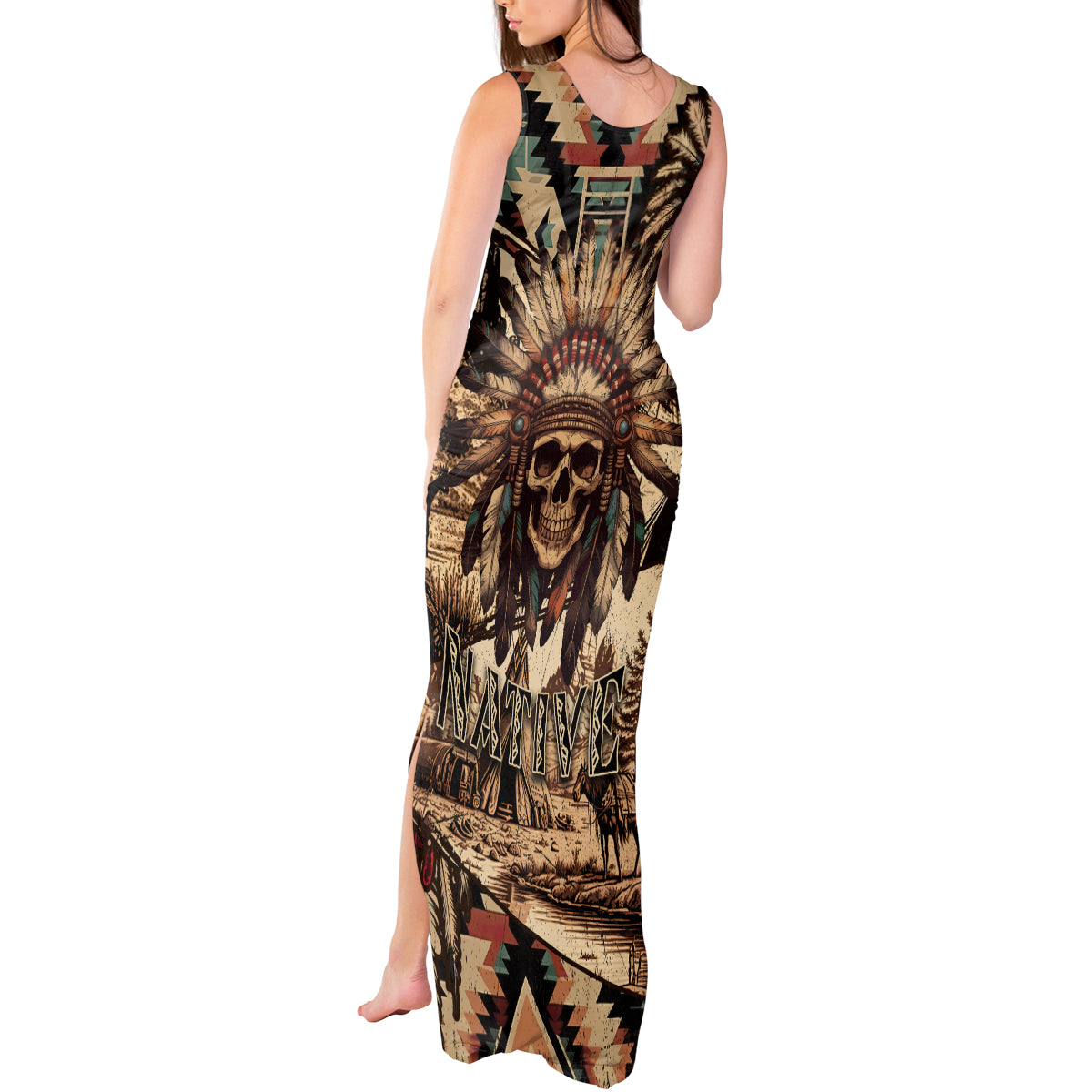 Native American Skull Tank Maxi Dress with Tribal Prints - Wonder Print Shop