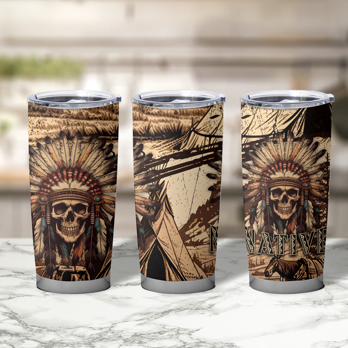 Native American Skull Tumbler Cup with Tribal Prints - Wonder Print Shop