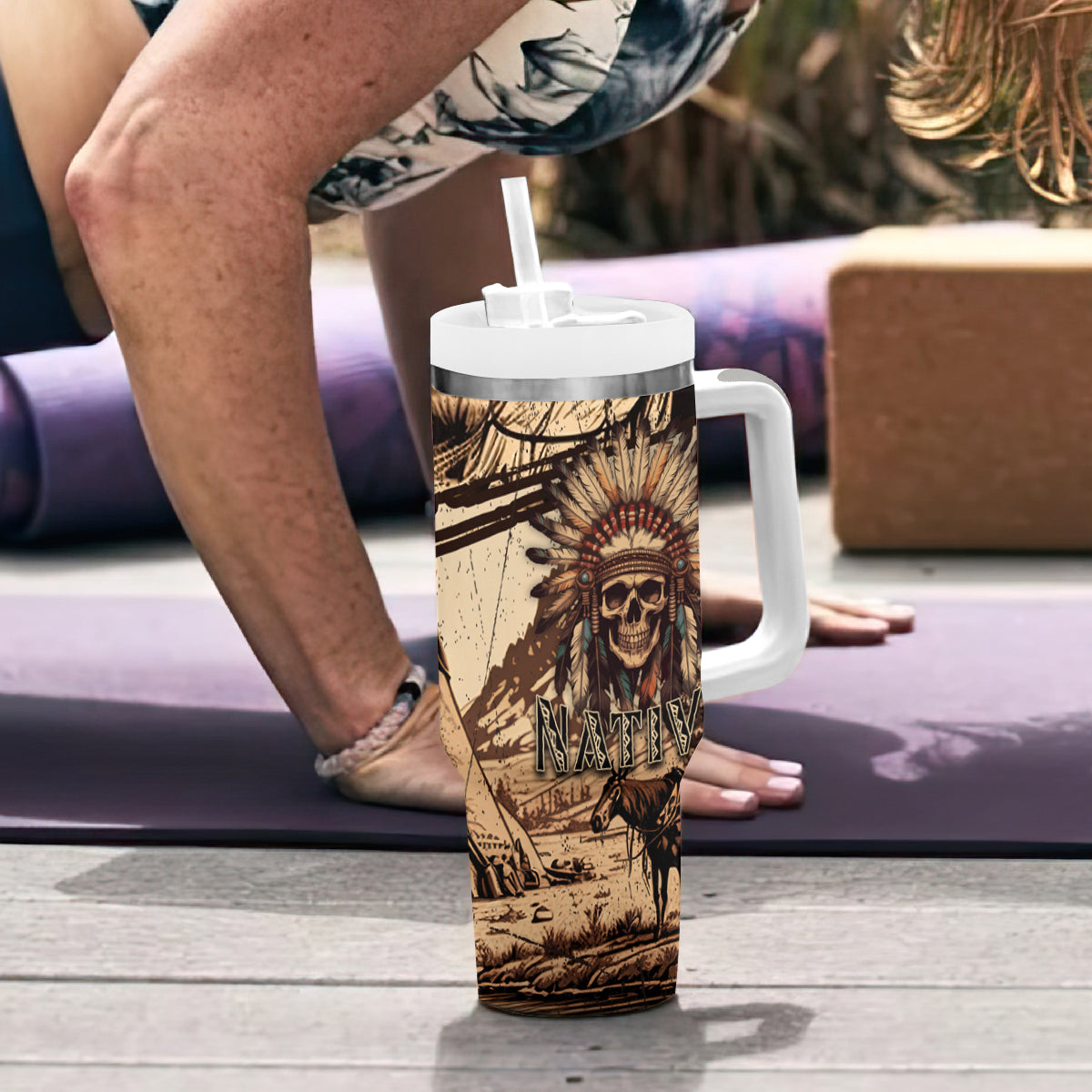 Native American Skull Tumbler With Handle with Tribal Prints - Wonder Print Shop