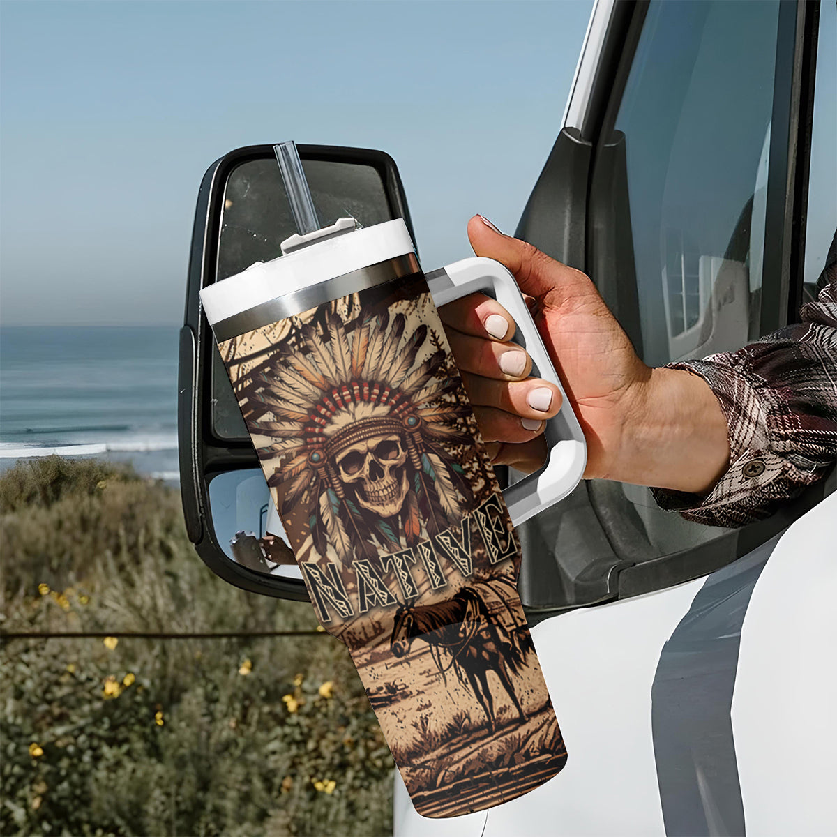 Native American Skull Tumbler With Handle with Tribal Prints - Wonder Print Shop