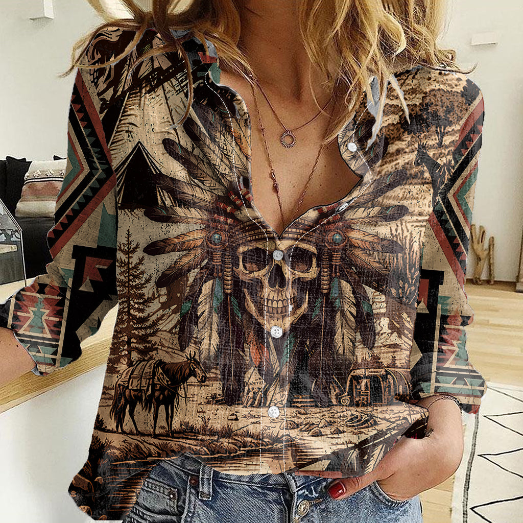 Native American Skull Women Casual Shirt with Tribal Prints - Wonder Print Shop