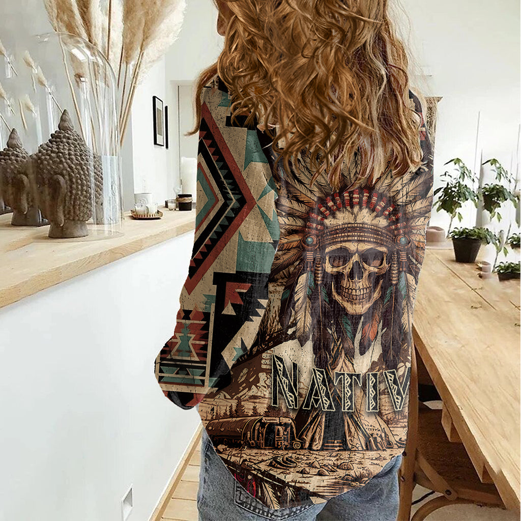 Native American Skull Women Casual Shirt with Tribal Prints - Wonder Print Shop