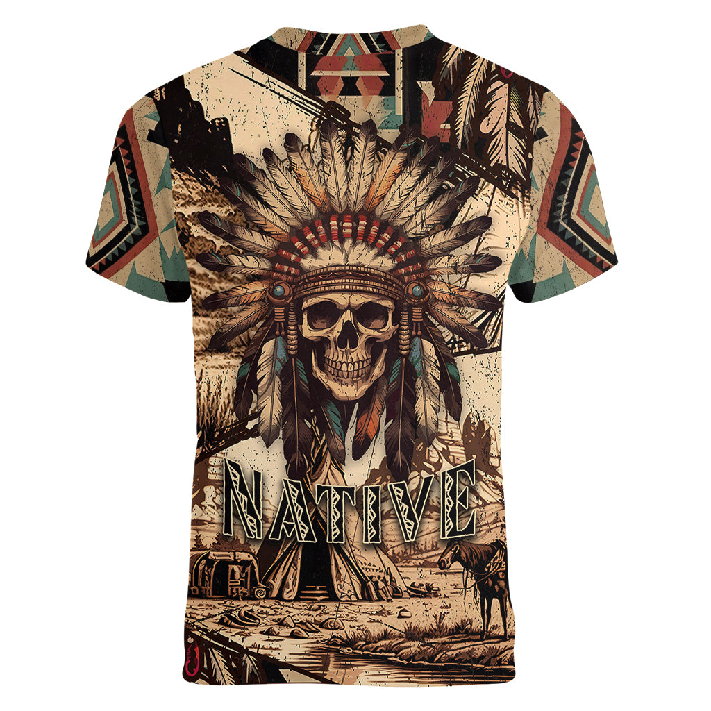 Native American Skull Women V Neck T Shirt with Tribal Prints - Wonder Print Shop
