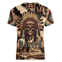 Native American Skull Women V Neck T Shirt with Tribal Prints - Wonder Print Shop