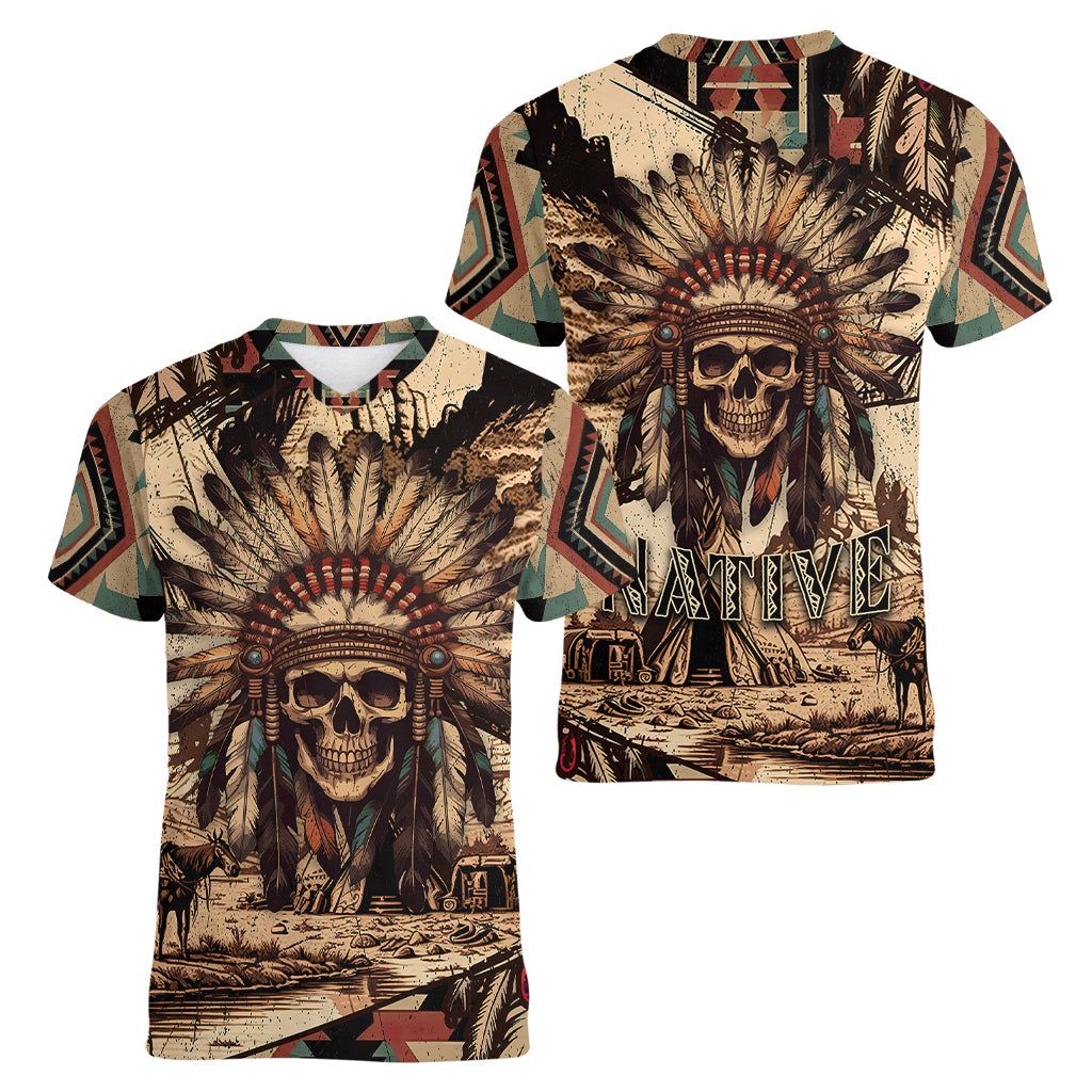 Native American Skull Women V Neck T Shirt with Tribal Prints - Wonder Print Shop