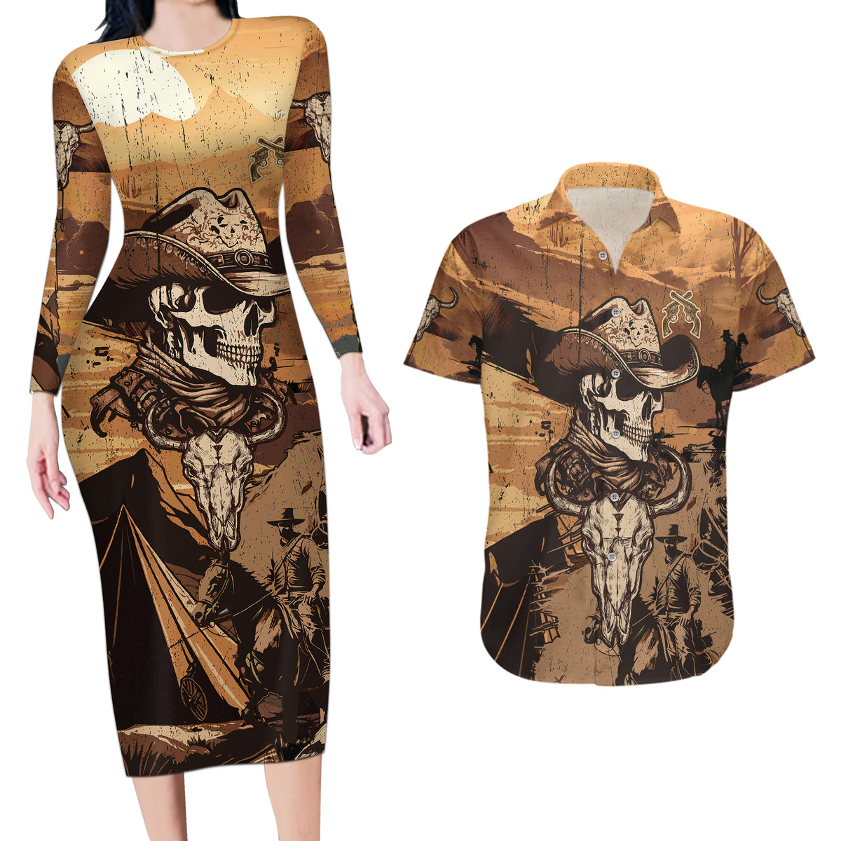 Skull Cowboy Couples Matching Long Sleeve Bodycon Dress and Hawaiian Shirt Rise Em Cowboy - Wonder Print Shop