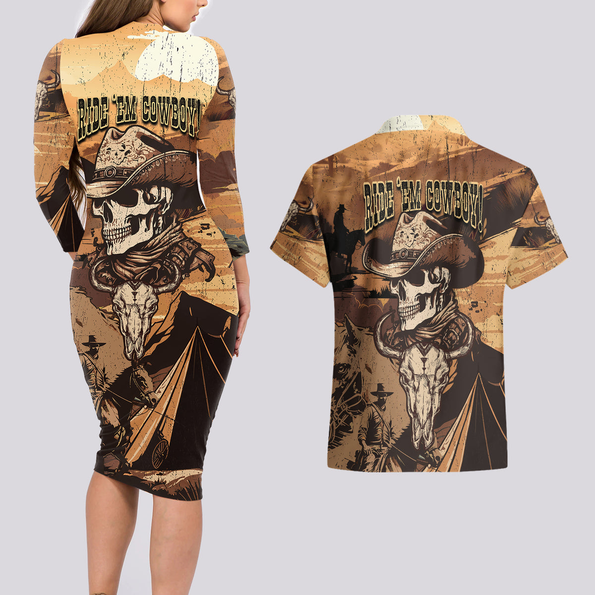 Skull Cowboy Couples Matching Long Sleeve Bodycon Dress and Hawaiian Shirt Rise Em Cowboy - Wonder Print Shop