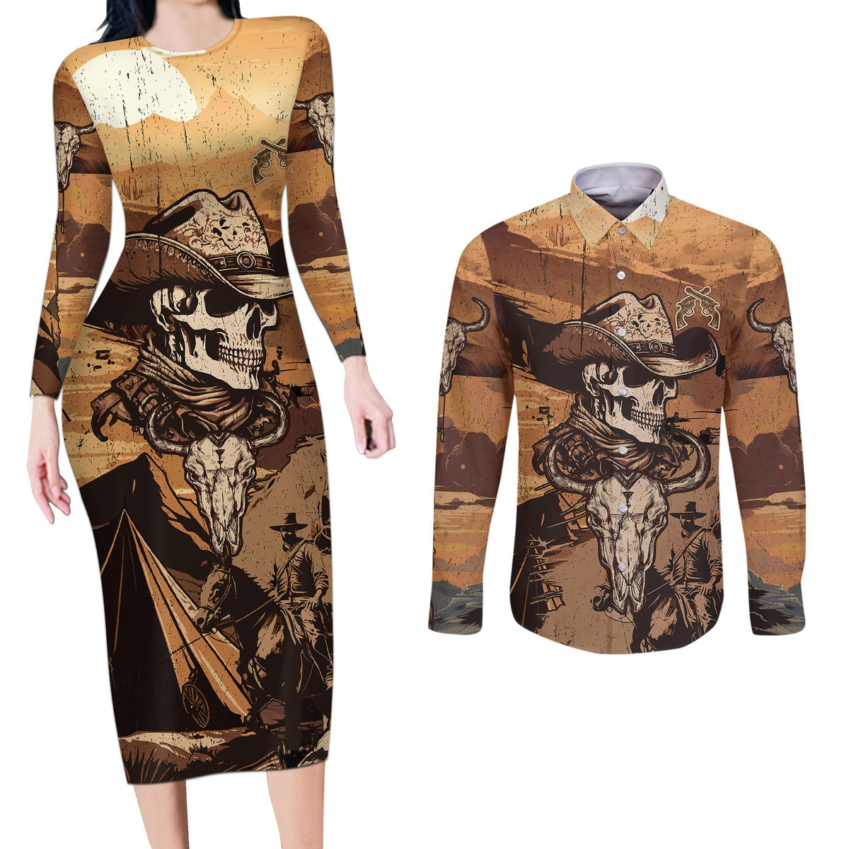 Skull Cowboy Couples Matching Long Sleeve Bodycon Dress and Long Sleeve Button Shirts Rise Em Cowboy - Wonder Print Shop