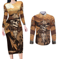 Skull Cowboy Couples Matching Long Sleeve Bodycon Dress and Long Sleeve Button Shirts Rise Em Cowboy - Wonder Print Shop