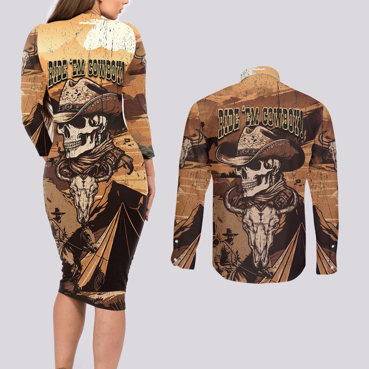 Skull Cowboy Couples Matching Long Sleeve Bodycon Dress and Long Sleeve Button Shirts Rise Em Cowboy - Wonder Print Shop