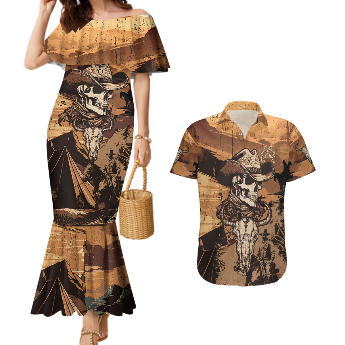 Skull Cowboy Couples Matching Mermaid Dress and Hawaiian Shirt Rise Em Cowboy - Wonder Print Shop